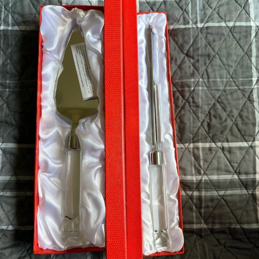 Oleg Cassini Etch Signed NIB Cake Knife and Serving Set. Beautiful Shower Gift?